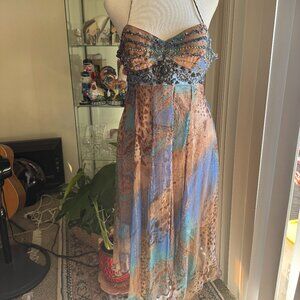 SUE WONG Y2K Hand Beaded Zip up Midi Dress Blue Lepord Size 6